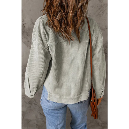 Sky Blue Raw Hem Flap Pockets Cropped Corduroy Jacket | Fashionfitz