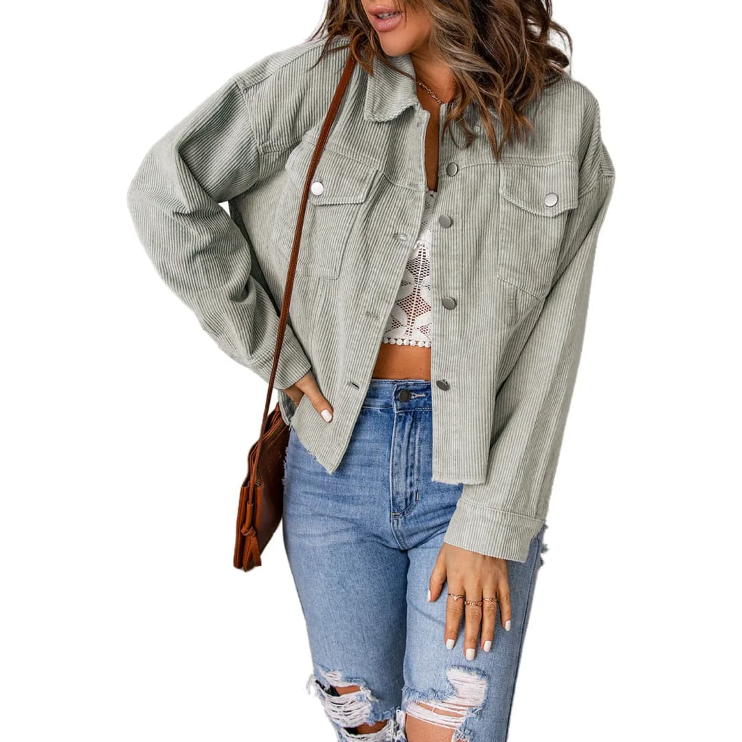 Sky Blue Raw Hem Flap Pockets Cropped Corduroy Jacket | Fashionfitz