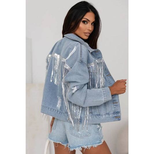 Sky Blue Sequin Embellished Fringe Distressed Denim Jacket | Fashionfitz