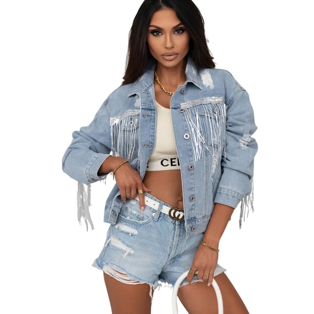 Sky Blue Sequin Embellished Fringe Distressed Denim Jacket | Fashionfitz