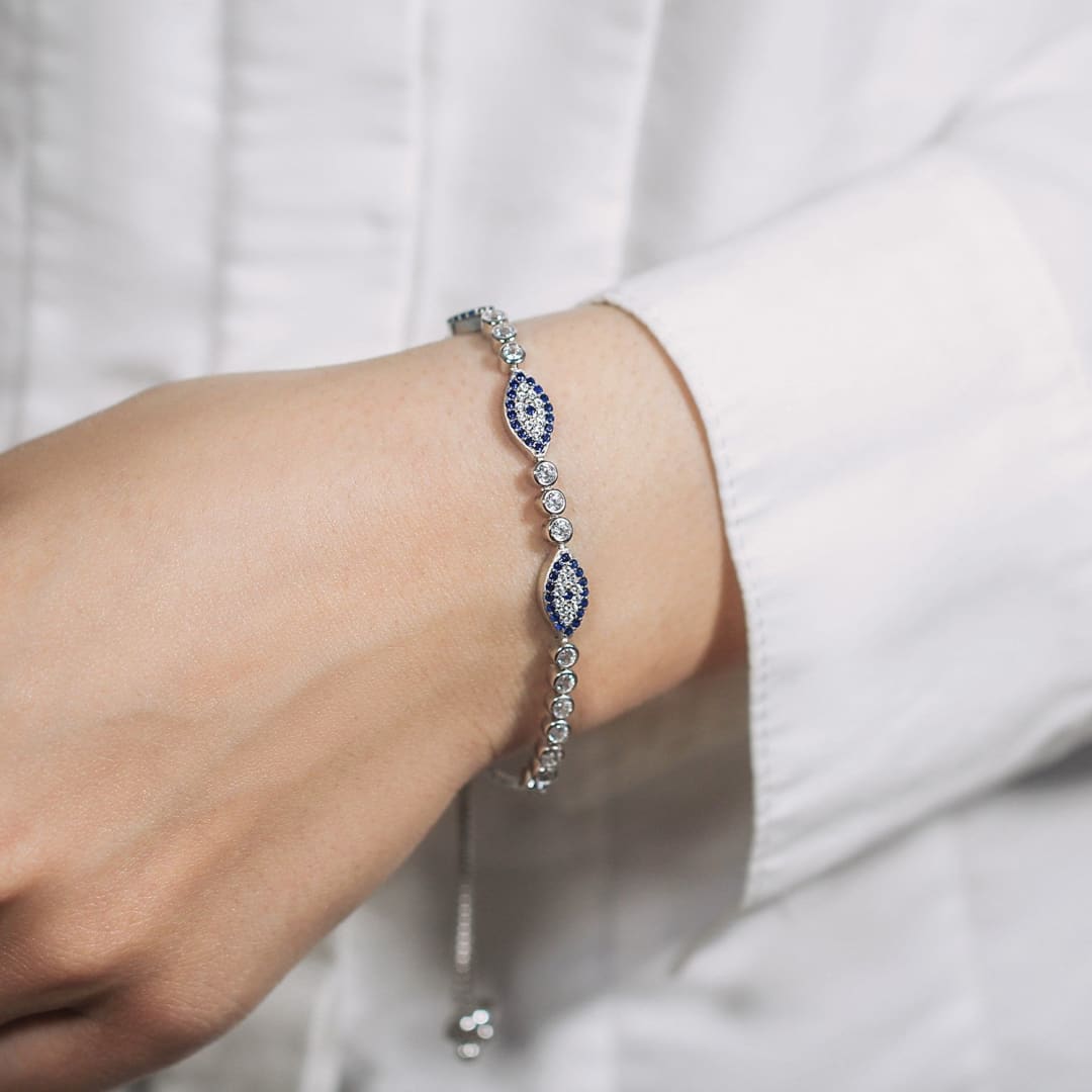 Sterling Silver Adjustable Enameled Evil Eye Bracelet with Cubic Zirconias | Richard