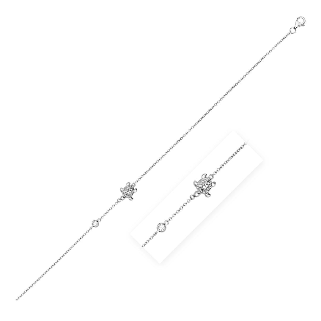 Sterling Silver Anklet with Textured Turtle and Cubic Zirconia | Richard Cannon Jewelry