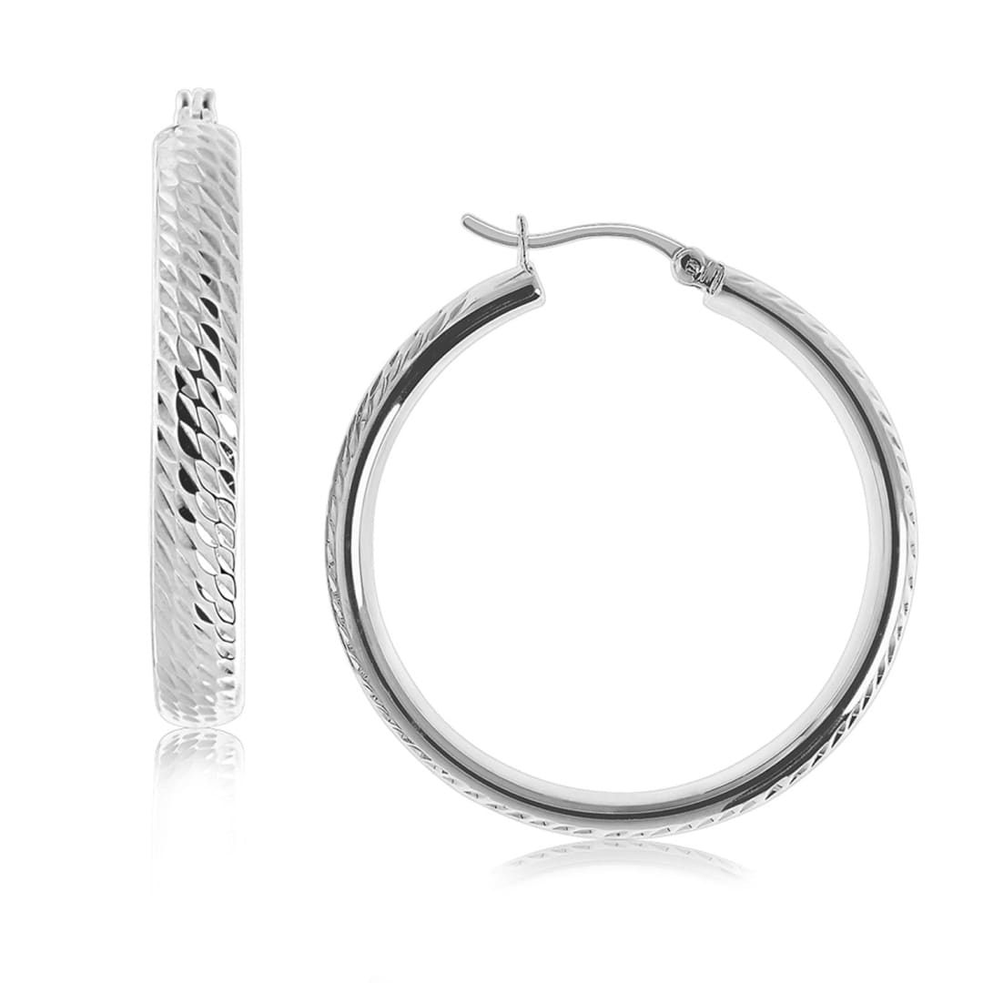 Sterling Silver Rhodium Plated Hoop Marquise Motif Diamond Cut Earrings (30mm) | Richard