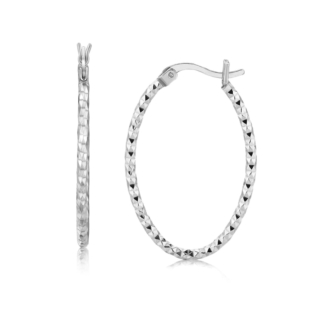Sterling Silver Rhodium Plated Textured Diamond Cut Classic Hoop Earrings | Richard