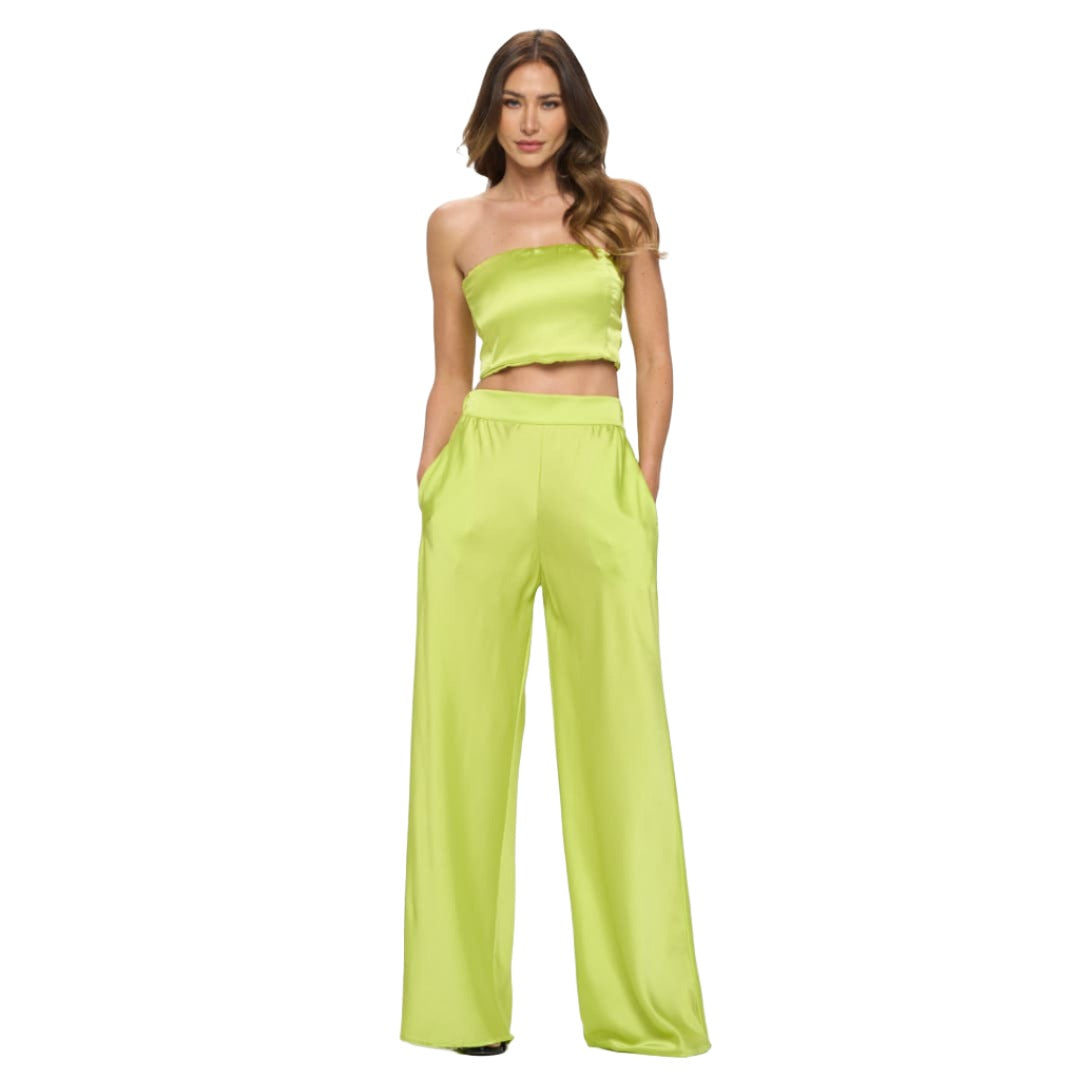 Citron Stretch Satin Pants w/ Elastic Waist and Pockets | The Urban Clothing Shop™