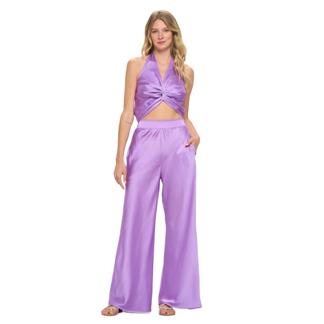 Lavender Stretch Satin Pants w/ Elastic Waist and Pockets | The Urban Clothing Shop™