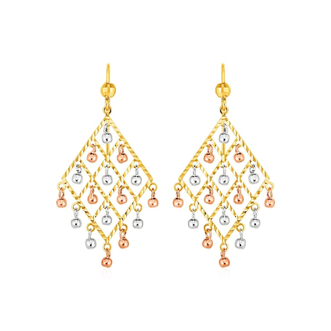 Textured Chandelier Earrings with Ball Drops in 14k Tri Color Gold | Richard Cannon