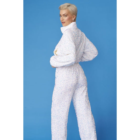 White Bamboo Blend Sequin Trousers | Buy Me Fur Ltd