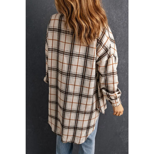 White Oversized Plaid Pattern Shacket with Slits | Fashionfitz