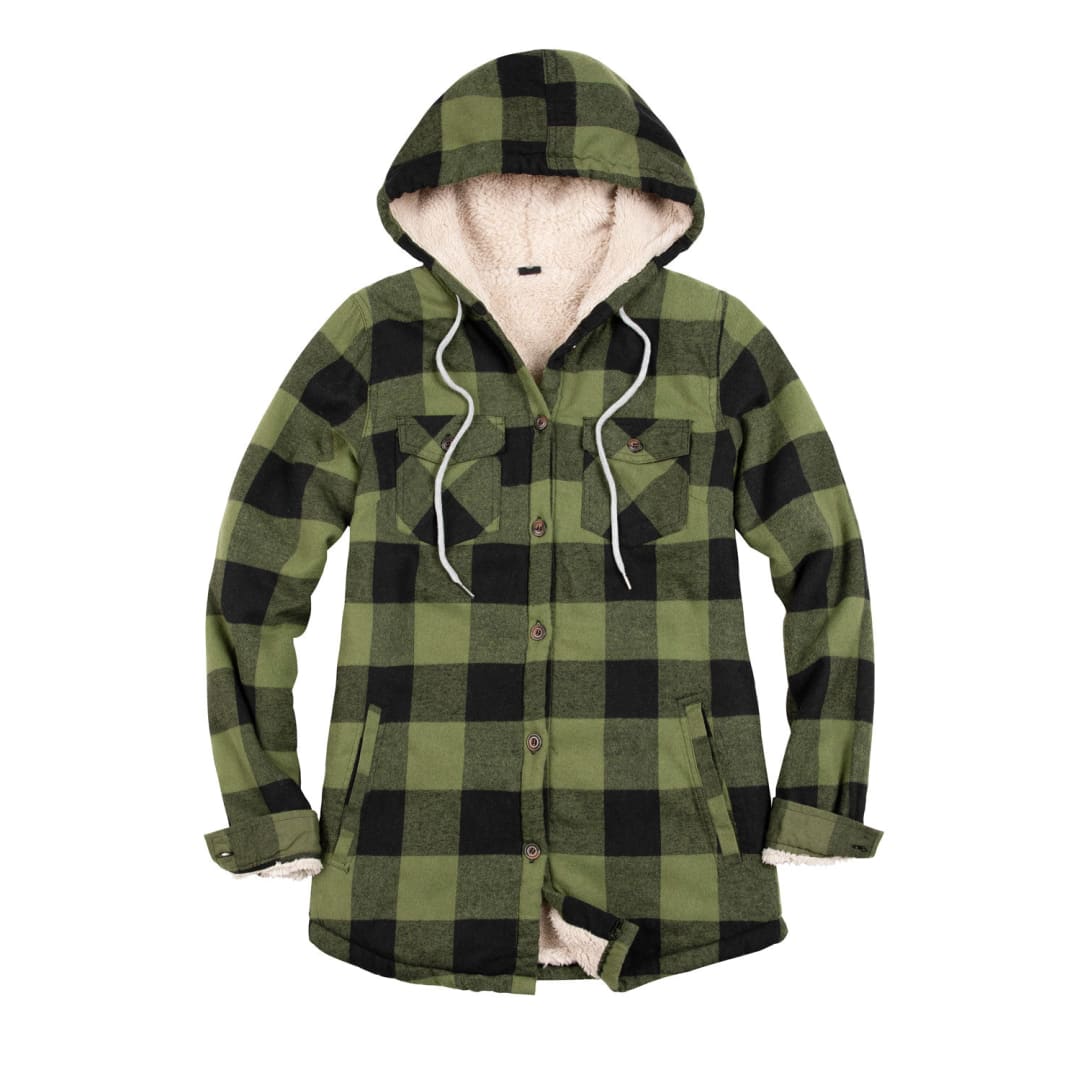 Women’s Matching Family Sherpa Lined Green Flannel Jacket with Hood | FlannelGo