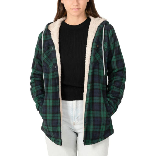 Women’s Matching Family Sherpa Lined Green Flannel Jacket with Hood | FlannelGo