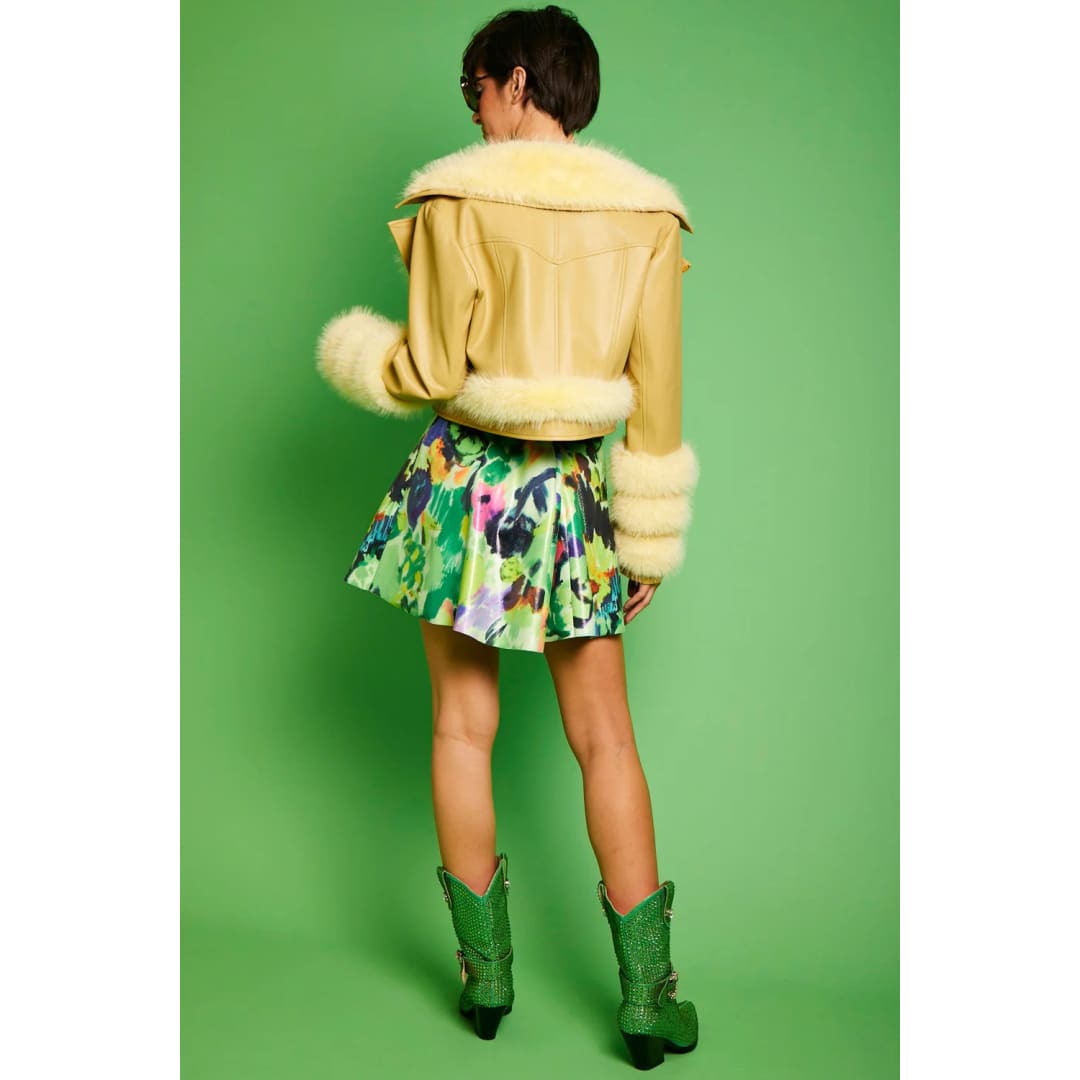 Yellow Faux Leather Faux Fur Biker Jacket | Buy Me Fur Ltd