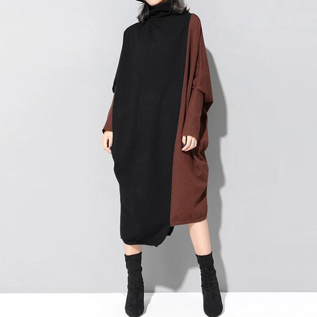 TUCS Turtleneck Korean Style Spliced Knitted Midi Dress | The Urban Clothing Shop™
