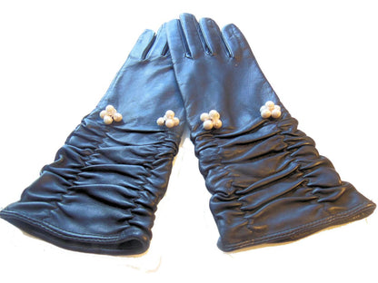 Handmade Scrunchie  Leather Gloves with Genuine Pearl Adornment.-1