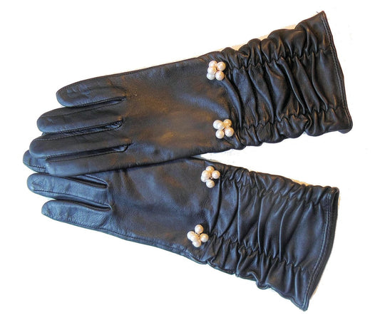 Handmade Scrunchie  Leather Gloves with Genuine Pearl Adornment.-0
