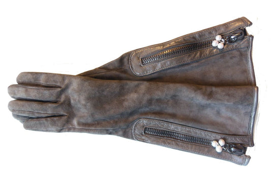 Taupe Suede Gloves with Genuine Pearl Cluster as Zipper Pull-0