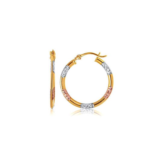 10k Tri - Color Gold Classic Hoop Earrings with Diamond Cut Details | Richard Cannon