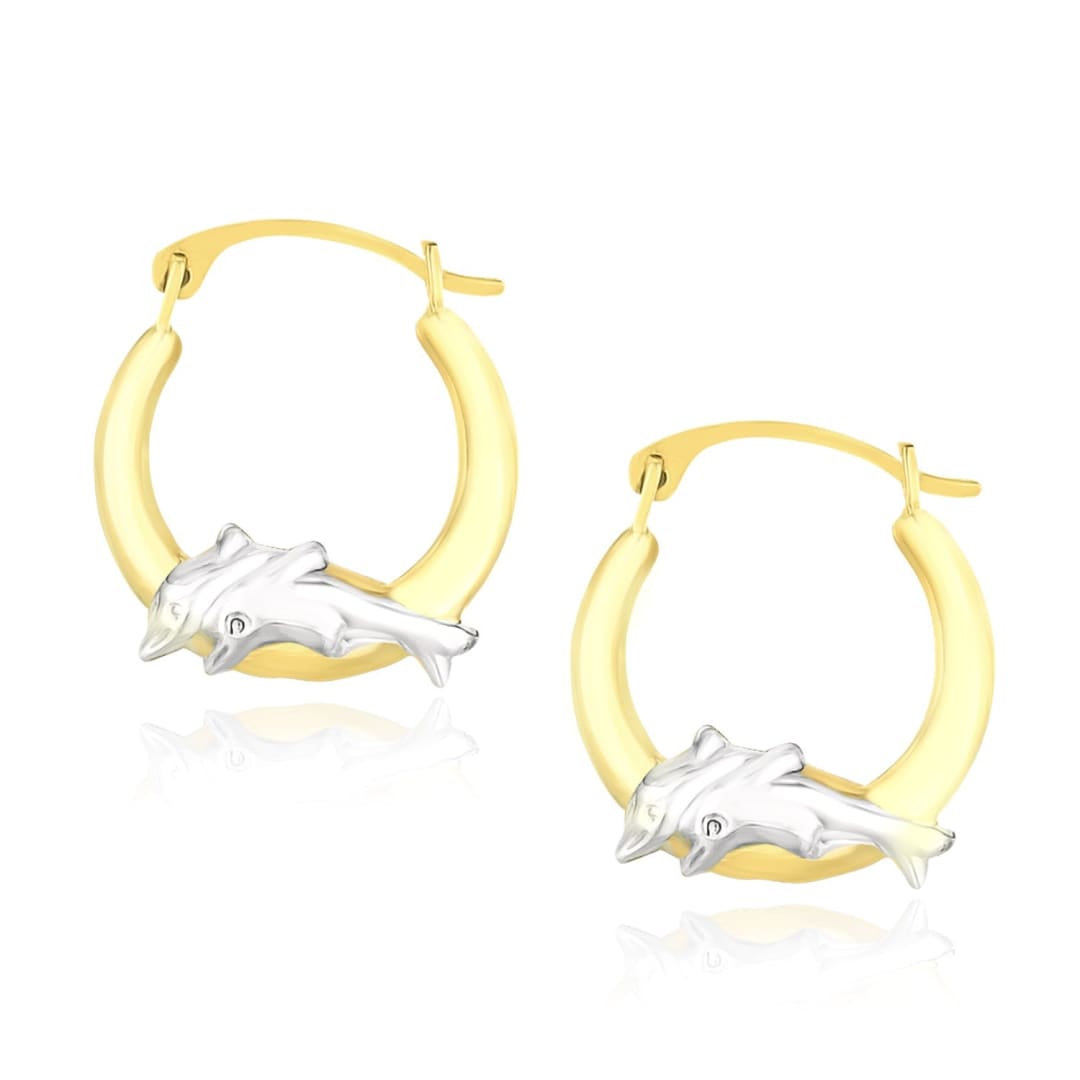 10k Two-Tone Gold Round Graduated Dolphin Design Hoop Earrings | Richard Cannon Jewelry