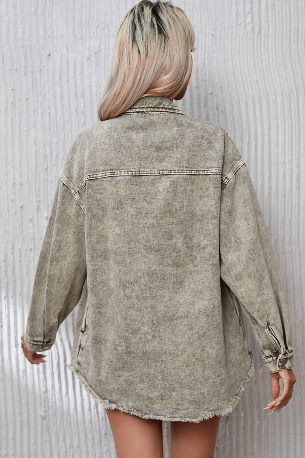 Sage Green Acid Wash Flap Pocket Raw Hem Tunic Denim Jacket-4