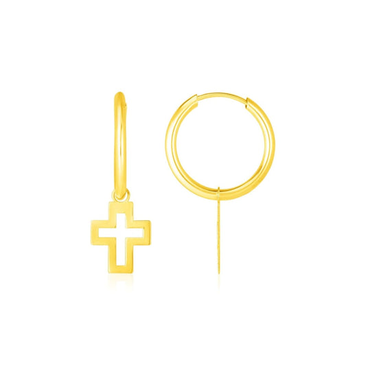 14K Cross Yellow Gold Hoop Polished Earrings | Richard Cannon Jewelry