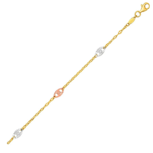 14k Three-Toned Yellow White and Rose Gold Anklet with Textured Ovals | Richard Cannon