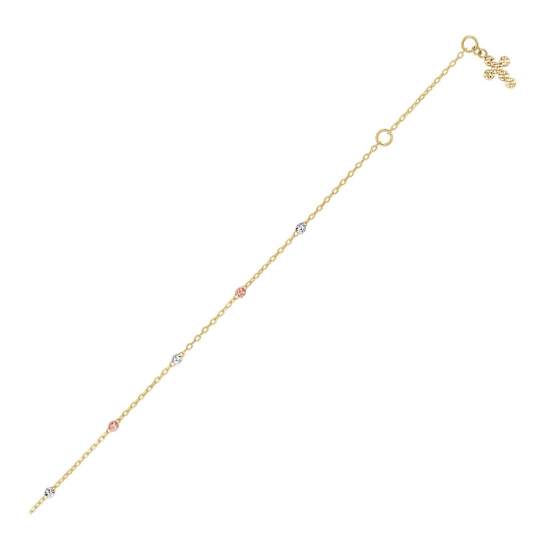 14k Tri Color Gold Anklet with Cross | Richard Cannon Jewelry