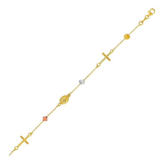 14k Tri Color Gold Bracelet with Crosses Cubes and Medallions | Richard Cannon Jewelry