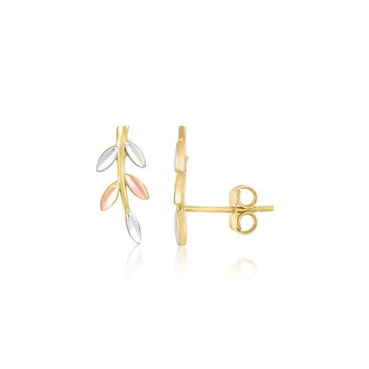 14k Tri-Color Gold Sprig Climber Style Stud Earrings | Richard Cannon Jewelry