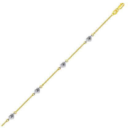 14k Two Tone Gold Anklet with Diamond Cut Heart Style Stations | Richard Cannon Jewelry