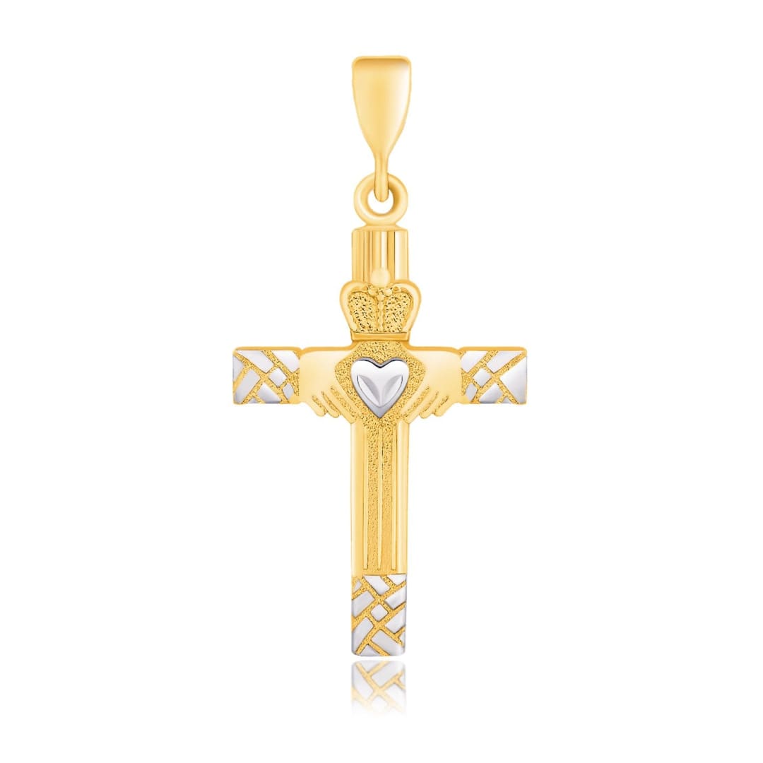 14k Two-Tone Gold Cross Pendant with a Claddagh Motif | Richard Cannon Jewelry