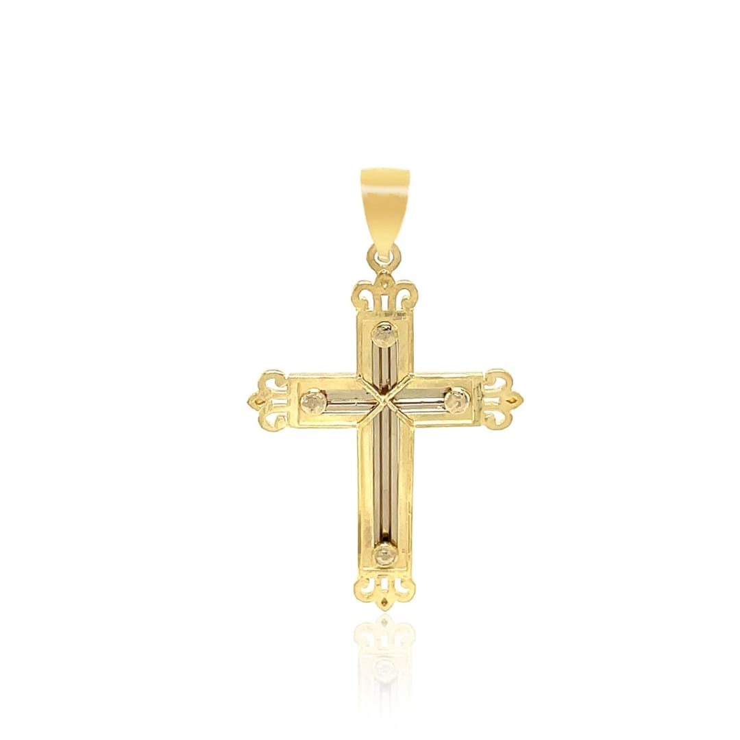 14k Two-Tone Gold Cross Pendant with an Ornate Budded Style | Richard Cannon Jewelry