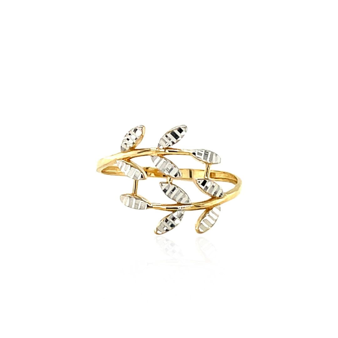 14k Two Tone Gold Crossover Ring with Textured Leaves | Richard Cannon Jewelry