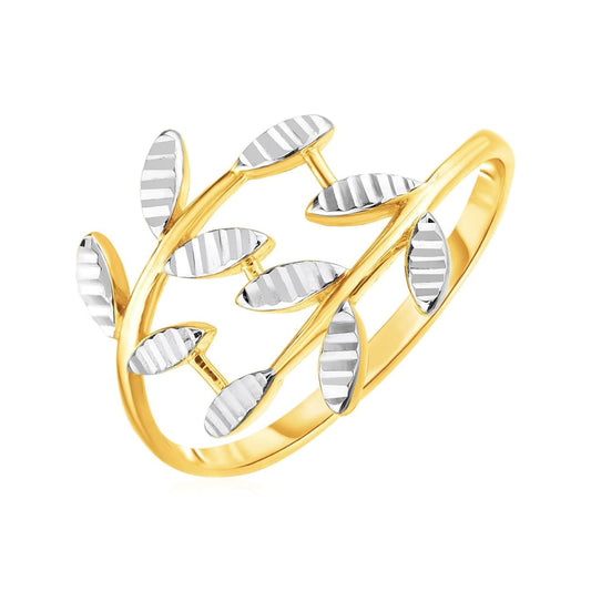 14k Two Tone Gold Crossover Ring with Textured Leaves | Richard Cannon Jewelry