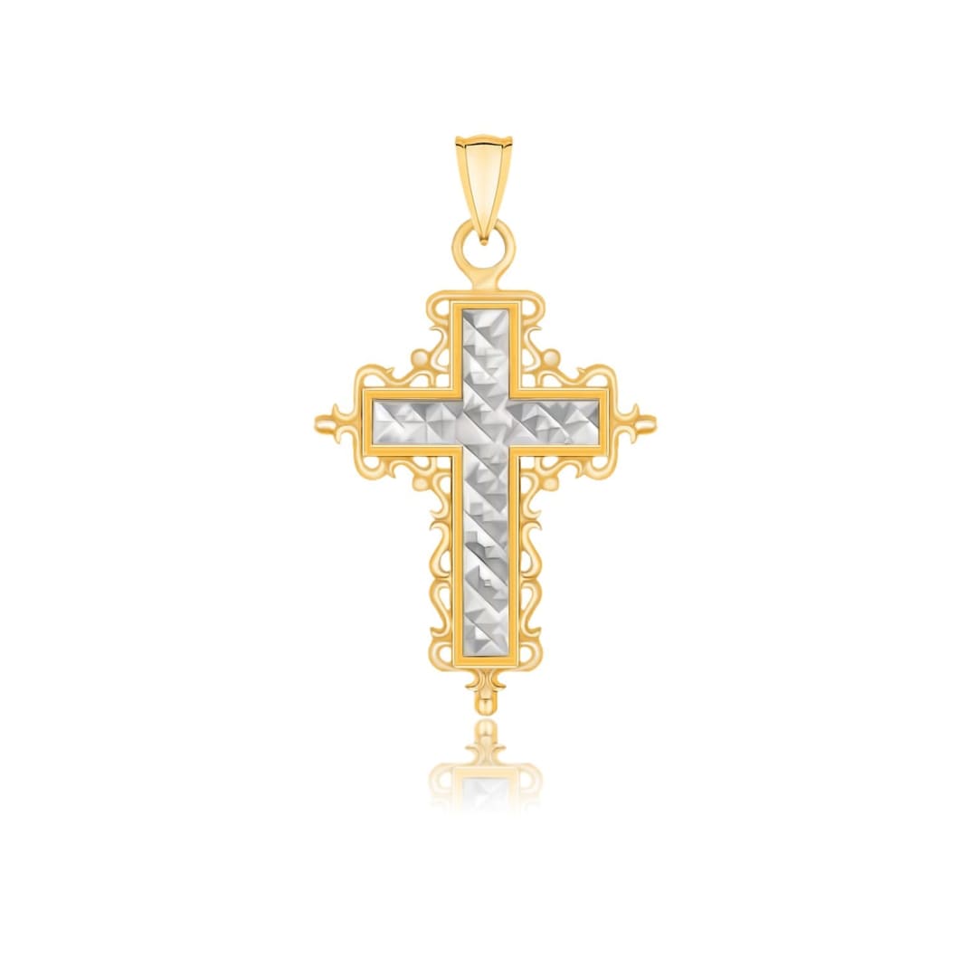 14k Two-Tone Gold Diamond Cut and Baroque Inspired Cross Pendant | Richard Cannon Jewelry