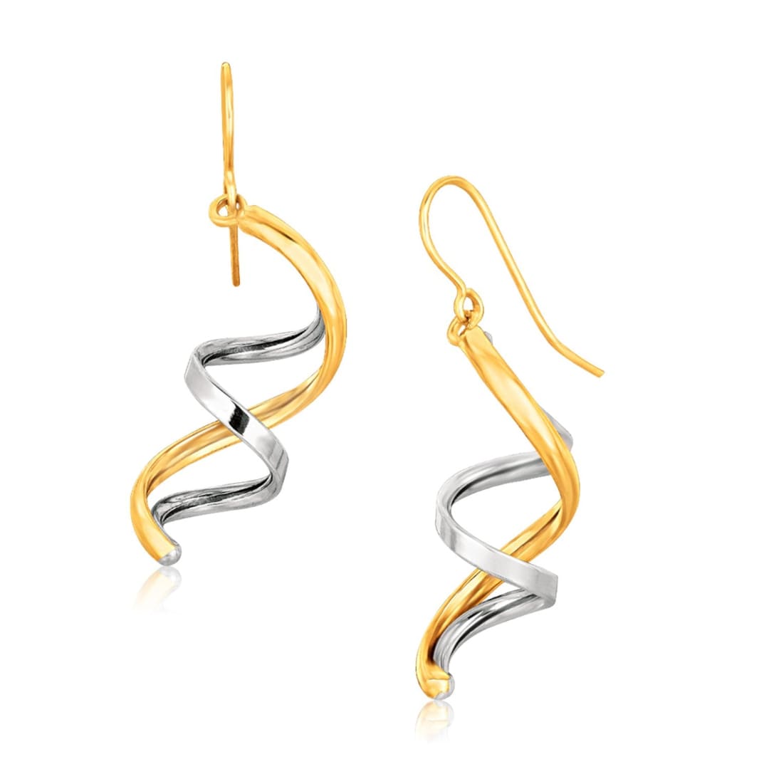 14k Two Tone Gold Double Helix Polished Dangling Earrings | Richard Cannon Jewelry