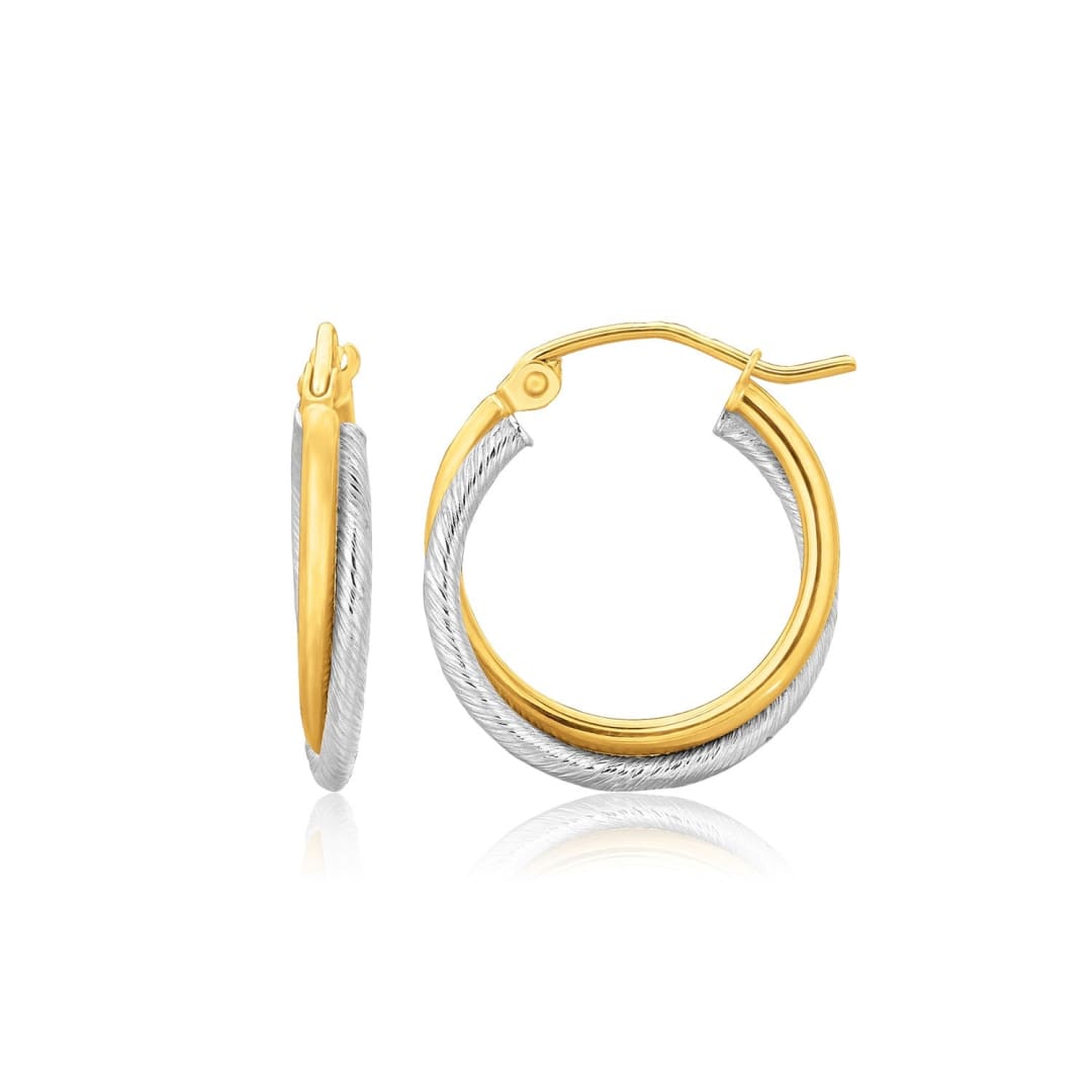 14k Two Tone Gold Double Polished and Textured Hoop Earrings | Richard Cannon Jewelry