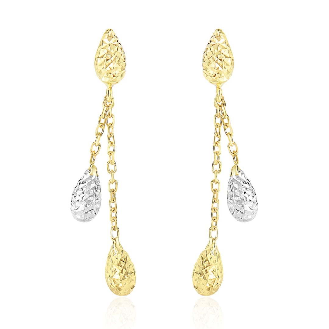 14k Two-Tone Gold Double Row Chain Earrings with Diamond Cut Teardrops | Richard Cannon