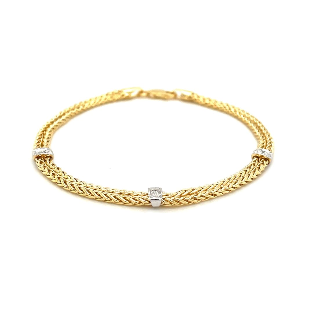 14k Two-Tone Gold Dual Wheat Chain Bracelet with Diamond Stations (.02 cttw) | Richard
