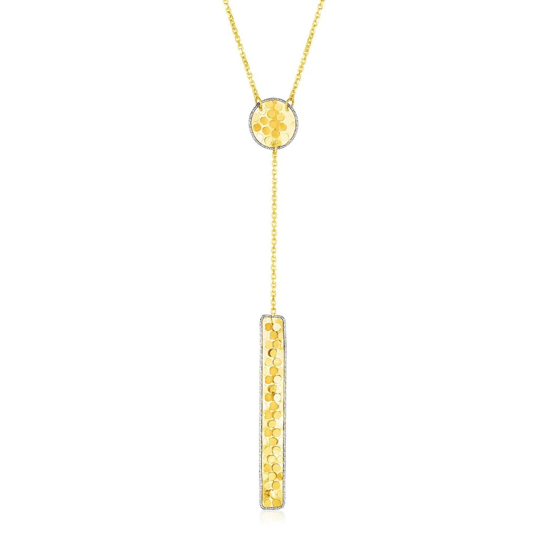 14k Two Tone Gold Lariat Necklace with Textured Circle and Bar | Richard Cannon Jewelry