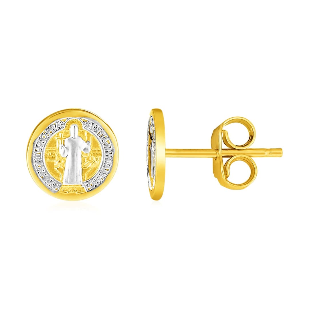 14k Two Tone Gold Round Religious Medal Post Earrings | Richard Cannon Jewelry