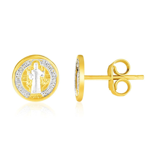 14k Two Tone Gold Round Religious Medallion Post Earrings | Richard Cannon Jewelry