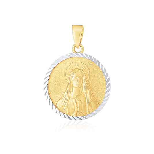14k Two Tone Gold Round Textured Religious Medal Pendant | Richard Cannon Jewelry