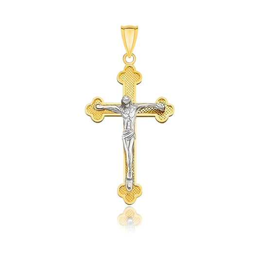 14k Two-Tone Gold Small Budded Style Cross with Figure Pendant | Richard Cannon Jewelry
