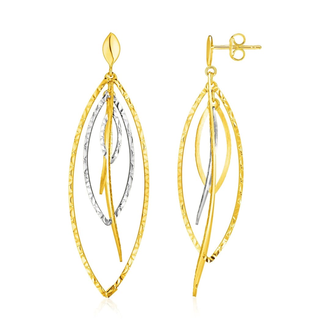 14k Two Tone Gold Textured and Polished Marquise Motif Earrings | Richard Cannon Jewelry