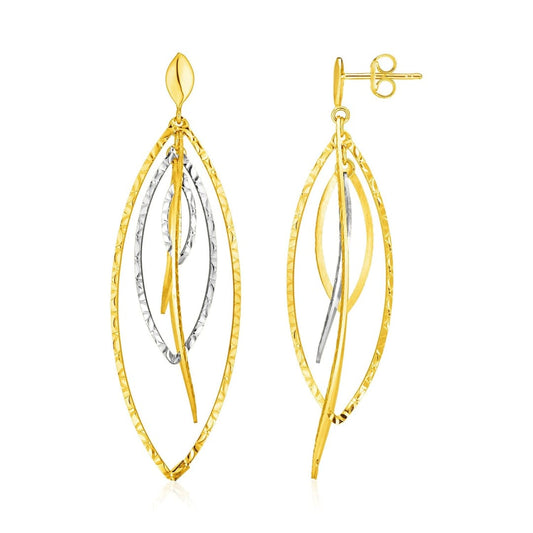 14k Two Tone Gold Textured and Polished Marquise Motif Earrings | Richard Cannon Jewelry