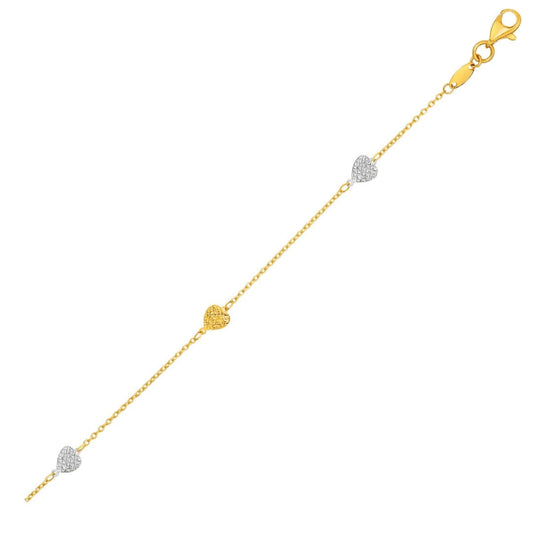14k Two-Toned Yellow and White Gold Anklet with Textured Hearts | Richard Cannon Jewelry