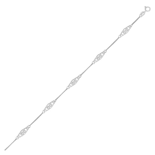 14k White Gold Anklet with Fancy Diamond Shape Filigree Stations | Richard Cannon Jewelry