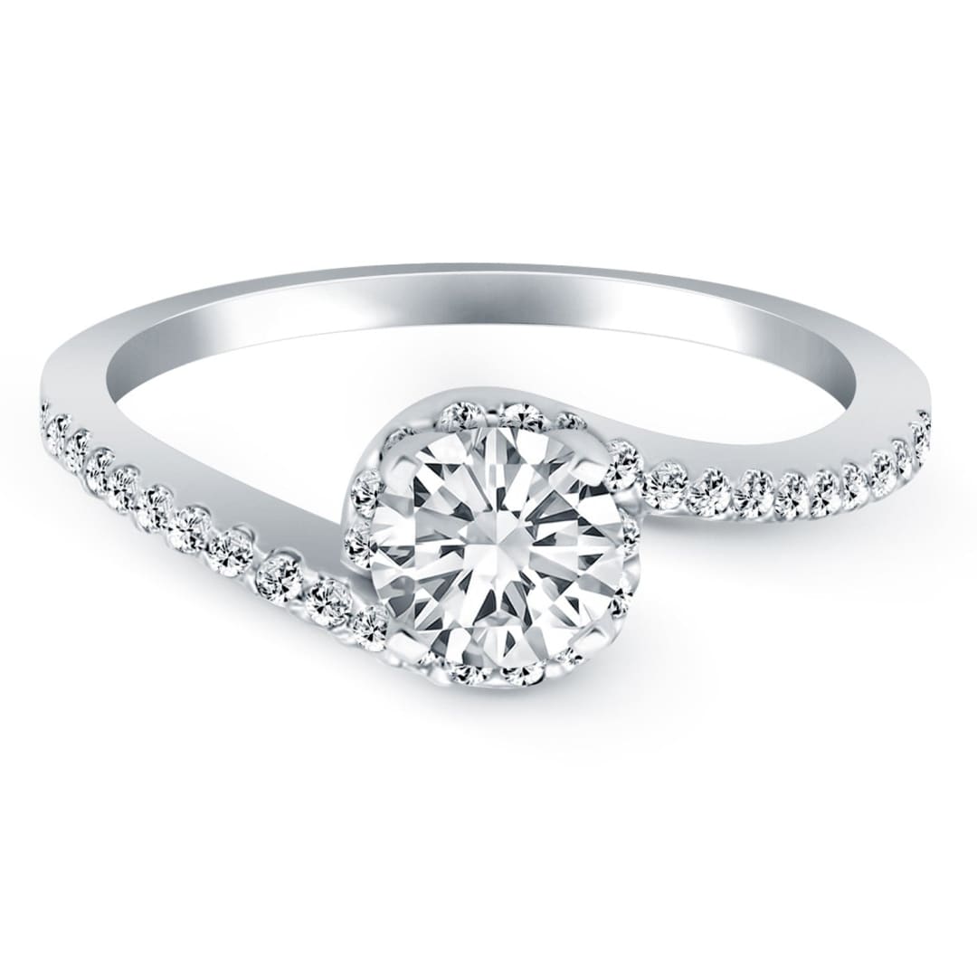 14k White Gold Bypass Swirl Diamond Halo Engagement Ring | Richard Cannon Jewelry