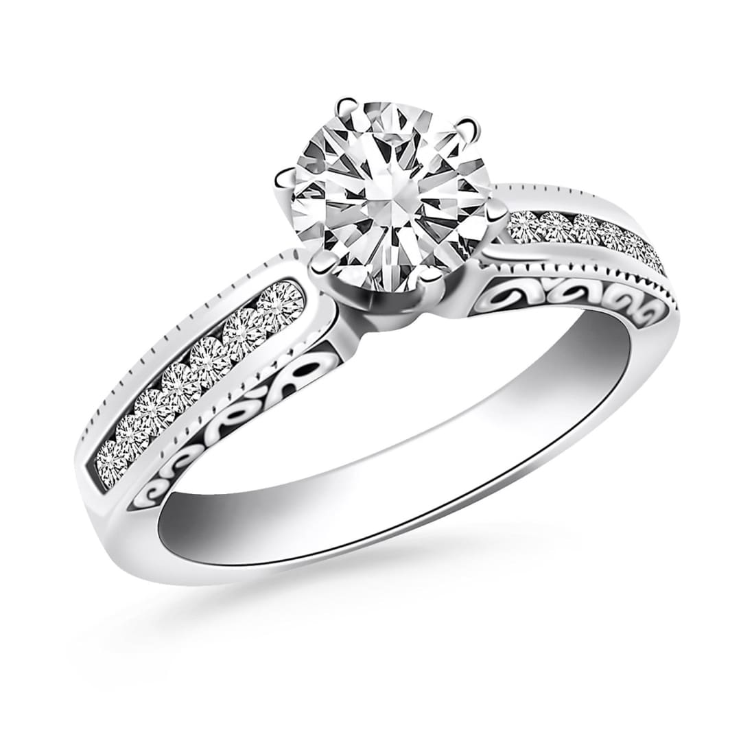 14k White Gold Channel Set Engagement Ring with Engraved Sides | Richard Cannon Jewelry