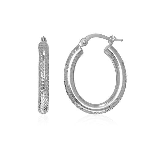 14k White Gold Diamond Cut Textured Oval Hoop Earrings. | Richard Cannon Jewelry